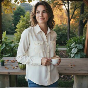 NWOT LILY & LOTTIE (2X) Ivory Tencel Mother Pearl Snaps Long Sleeve Cowgirl Top